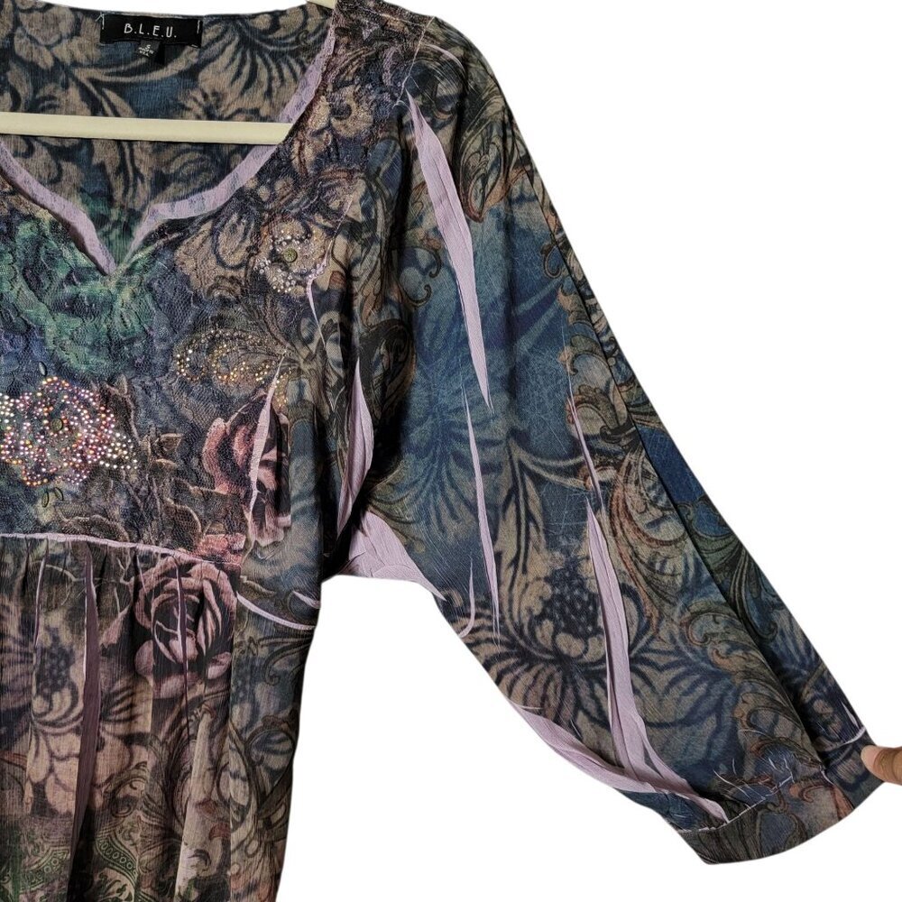 B.L.E.U. Womens Floral Fairycore Y2K Boho Gypsy Boho Rhinestone Back Tie Top S - Picture 4 of 9
